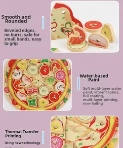 Close-up of wooden toy pizza with velcro toppings, smooth edges, and water-based paint detail