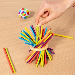 Three-in-one wooden balance game with colorful sticks and dice for early color recognition