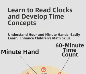 Macro view of wooden educational clock toy with clear minute and hour scale markers