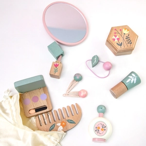 Wooden makeup toy set for kids featuring realistic cosmetics and a floral storage box