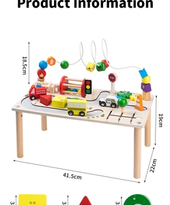 Detailed view of wooden activity table with colorful bead maze and city traffic elements