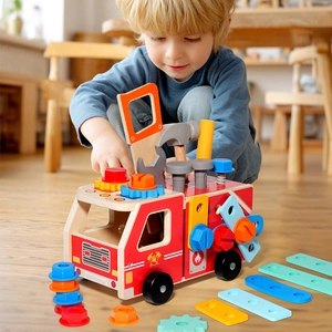 Kids wooden fire truck assembly toy set with wooden tools for motor skills training