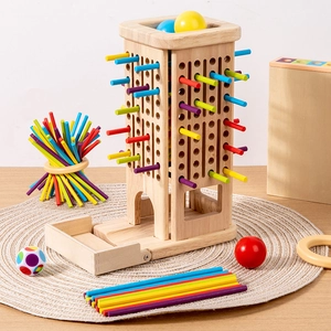 Wooden 3-in-1 early learning toy with colorful sticks and balls for toddler education