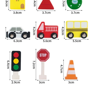 Detailed dimensions of wooden traffic toys including police car and buildings
