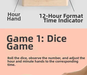 Detailed close-up of a wooden educational clock toy featuring manual hands and dice game play