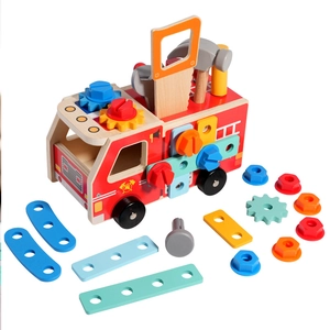 Educational wooden fire truck building toy set with nuts, bolts, and tools for kids