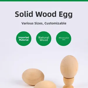 Macro shot of three realistic wooden eggs with a small base for DIY painting crafts