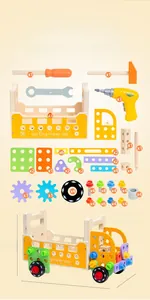 Close-up of wooden Montessori tool truck set with colorful screws, gears and hammer toys