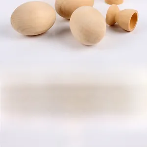 Close-up of smooth unpainted wooden eggs with natural grain and matching egg tray holder