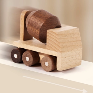 Nordic style wooden cement mixer truck toy with polished natural wood grain and finish