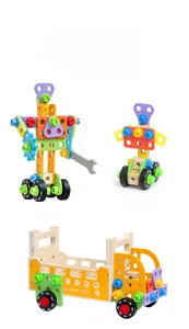 DIY wooden construction toy set showing a robot and truck for kids early education