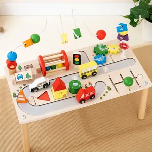 Montessori Wooden Activity Table For Toddlers Educational Bead Maze Busy Board Multi-Functional Traffic Theme Learning Toy For Kids