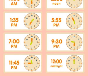 Educational flashcards showing digital and analog time comparison for kids' clock learning