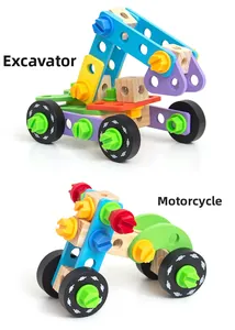 STEM wooden building block toy showing assembled excavator and motorcycle models