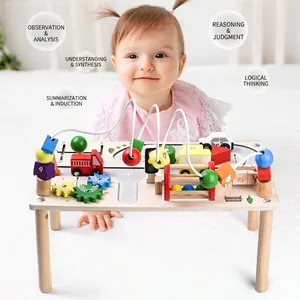 Multifunctional wooden activity cube table with colorful bead maze and gears for toddlers