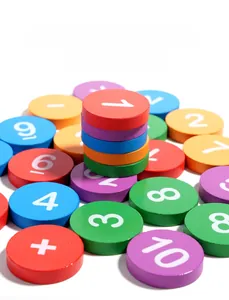 Macro shot of colorful wooden number discs for early math learning on white background