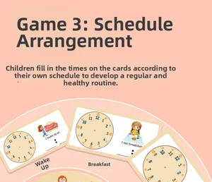 Educational time management cards for kids featuring clock faces and daily routine activities