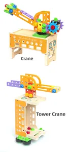 Detailed view of DIY wooden construction crane and tower crane models for kids