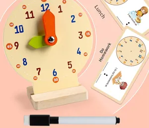 Educational wooden teaching clock with colorful hands, learning cards, and marker pen