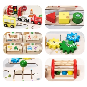 Multifunctional wooden Montessori busy board toy with gear systems and shape matching