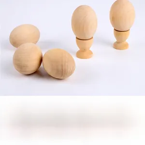 Macro view of realistic wooden eggs with natural wood grain texture and matching holders