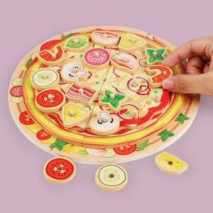 Wooden play food pizza toy set for kids with realistic vegetable toppings and social play