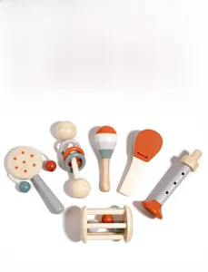 6-piece wooden musical instrument set showing natural wood texture and smooth finish