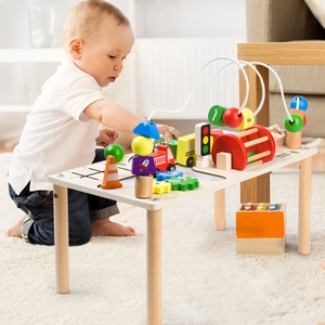 Multifunctional wooden baby activity table with bead maze and traffic theme toys