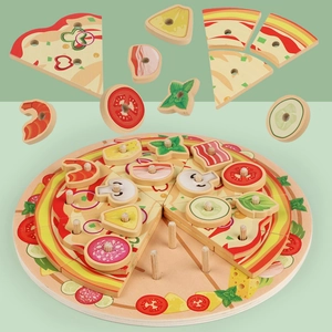 Educational wooden pizza play food set with sliced toppings for toddler kitchen games