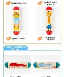 Detailed view of rotating wooden animal puzzle blocks for fine motor skill training