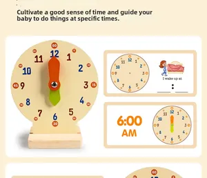 Detail view of wooden teaching clock with movable hands and time recognition cards