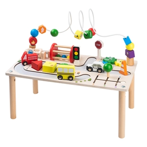 Multifunctional wooden activity table for toddlers with bead maze and traffic car game