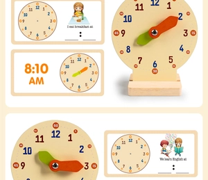 Detail of wooden teaching clock with colorful hands and educational time cards