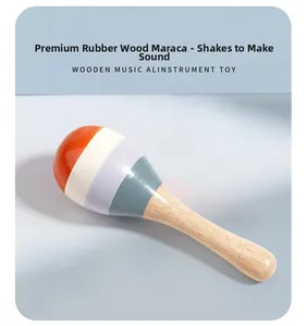 Detailed close-up of a striped wooden maraca toy made from premium rubber wood material