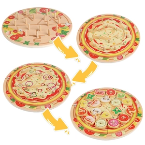 Wooden pizza puzzle toy with fraction numbers and colorful vegetable toppings for kids