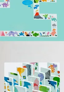 Macro detail of wooden dinosaur building blocks with colorful painted nature patterns