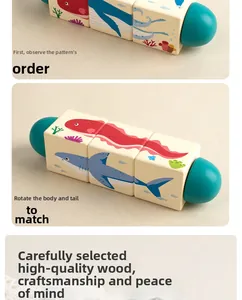 Close-up of wooden ocean puzzle blocks with shark patterns for infant motor skills