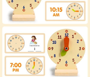 Detail of wooden teaching clock with rotating hands and educational time matching cards