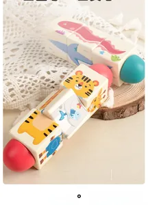 Detailed view of wooden rotating animal puzzle cubes for baby motor skill development