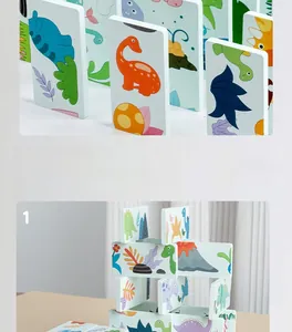 Close-up of wooden dinosaur domino blocks showing colorful patterns and stacking detail