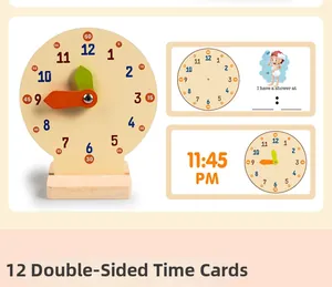 Educational wooden teaching clock set with 12 double-sided time learning cards for kids