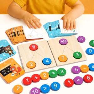 Educational wooden math toys for kids featuring number decomposition boards and colorful discs