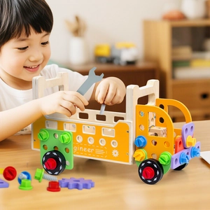 Educational wooden construction tool truck toy for kids with colorful nuts and bolts