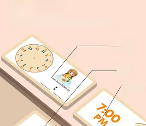Educational wooden time cards for children showing analog clocks and daily routines