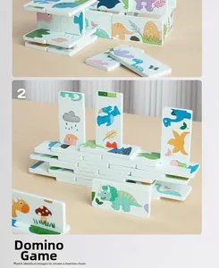 Detailed view of colorful wooden dinosaur domino tiles for toddler motor skill training