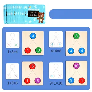 Wooden math logic toy for addition learning with color-coded number discs and exercise cards