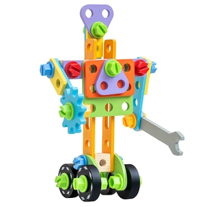 DIY wooden robot construction toy with colorful screws and tools for STEM learning