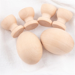 DIY wooden toy eggs set with natural wood grain and stands for creative crafts and painting