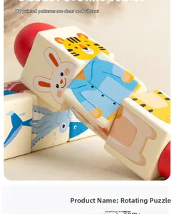 Close-up of wooden rotating puzzle blocks showing vibrant UV printed animal patterns