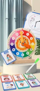 Detail of wooden lion teaching clock with daily routine cards and whiteboard for learning